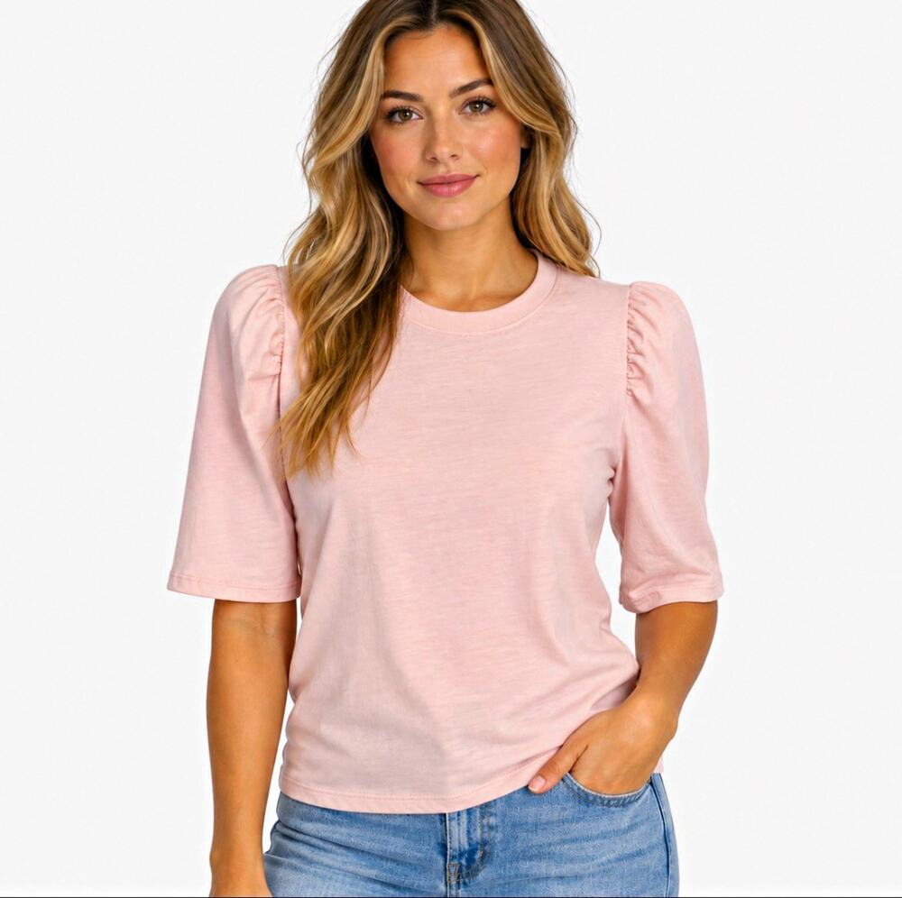 FRAME Women’s Pink Puff Sleeve Crew Neck Knit T-Shirt 100% Cotton Size M Luxury